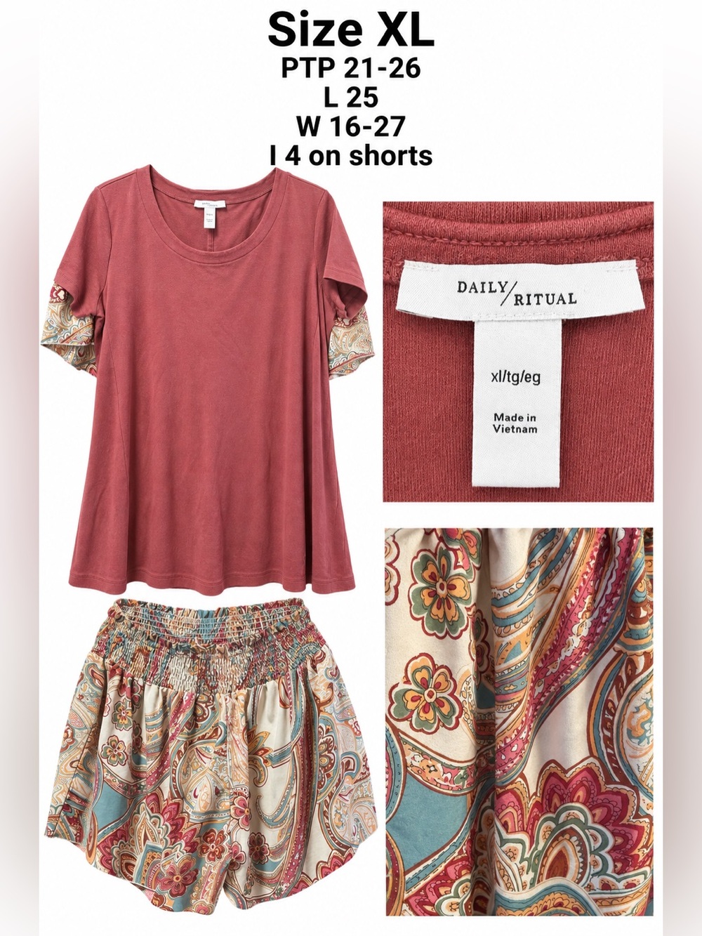 Daily Ritual Brick Red Tee with Multicolor Paisley Skirt Set